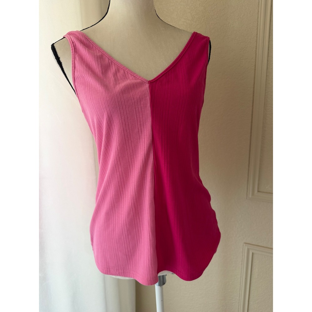 SHEIN Curve Two Tone Pink Ribbed V-Neck Tank Top 0XL Hot Pink Split Color Block